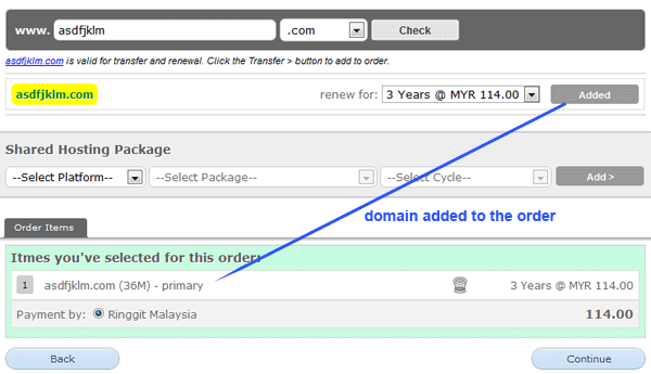 Domain added to the order Domain added to the order