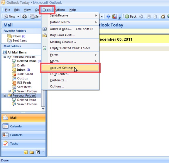 добавить новую папку PST в Outlook 2010