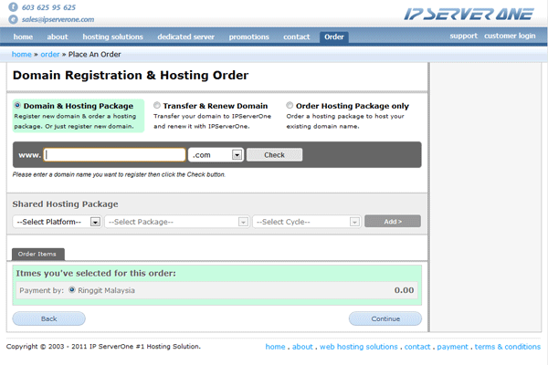 Step 1: Enter Domain Registration & Hosting Order page Step 1: Enter Domain Registration & Hosting Order page
