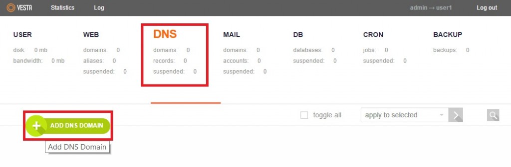VestaCP DNS tab view