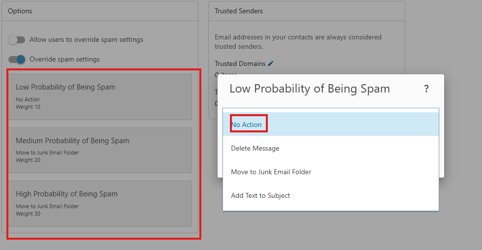 SmarterMail Spam Action Page
