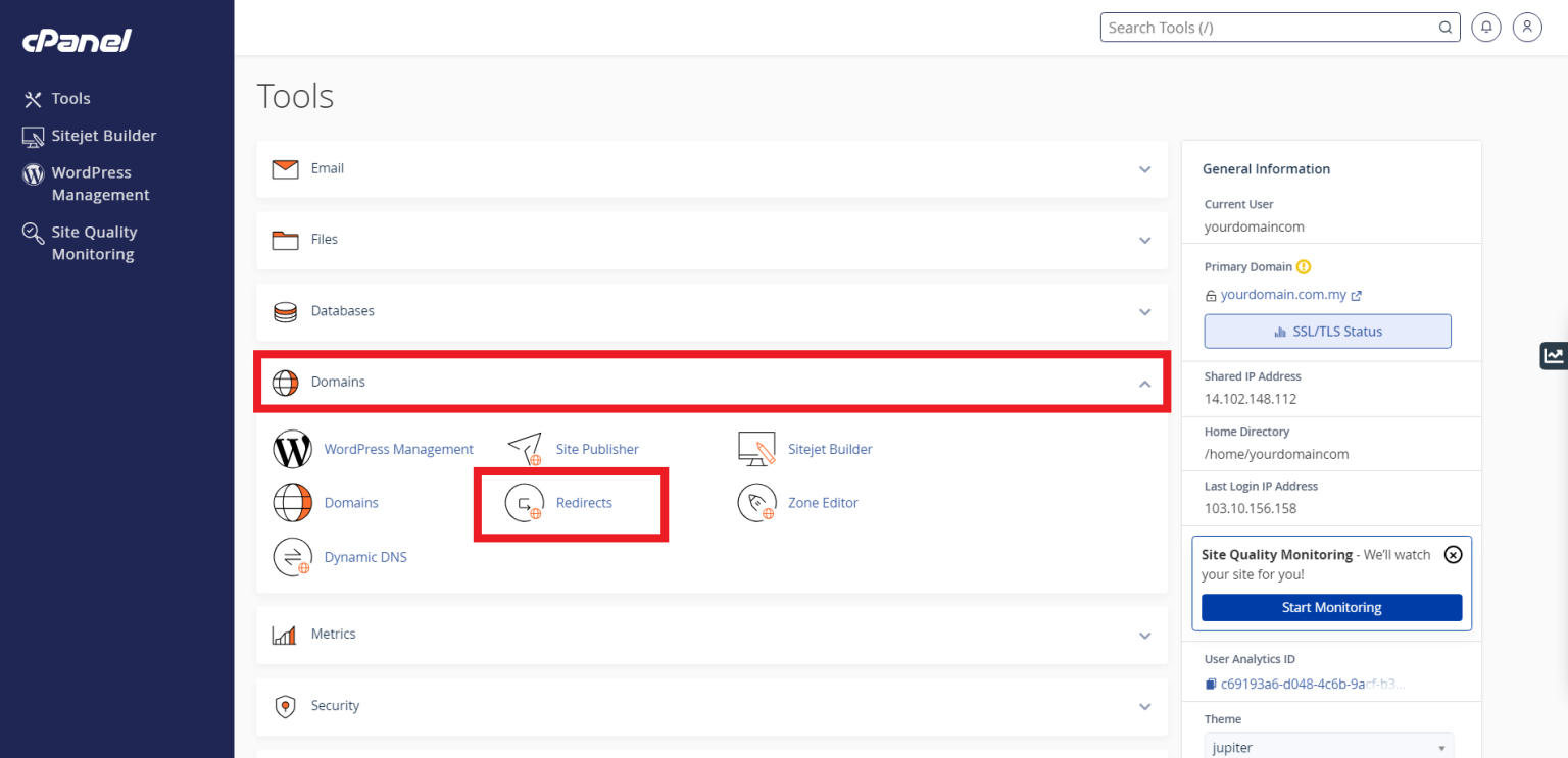 How to redirect for URL in cPanel via cPanel - IPSERVERONE