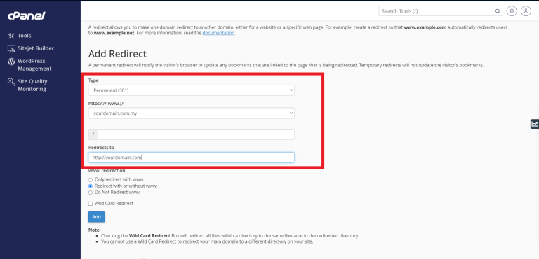 How to redirect for URL in cPanel via cPanel - IPSERVERONE